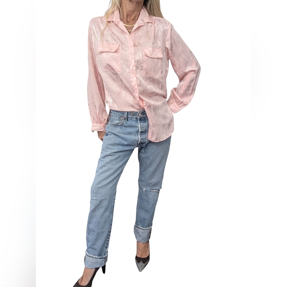 Vintage 80s Pink Satin Floral Blouse Sheer Jacquard Button Up Coquette Romance - Picture 8 of 13